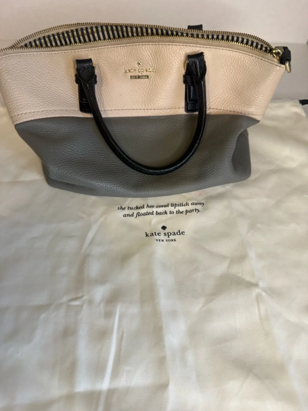 kate spade‎ Two-Tone Pebbled Leather Satchel in Cream, Gray and Black